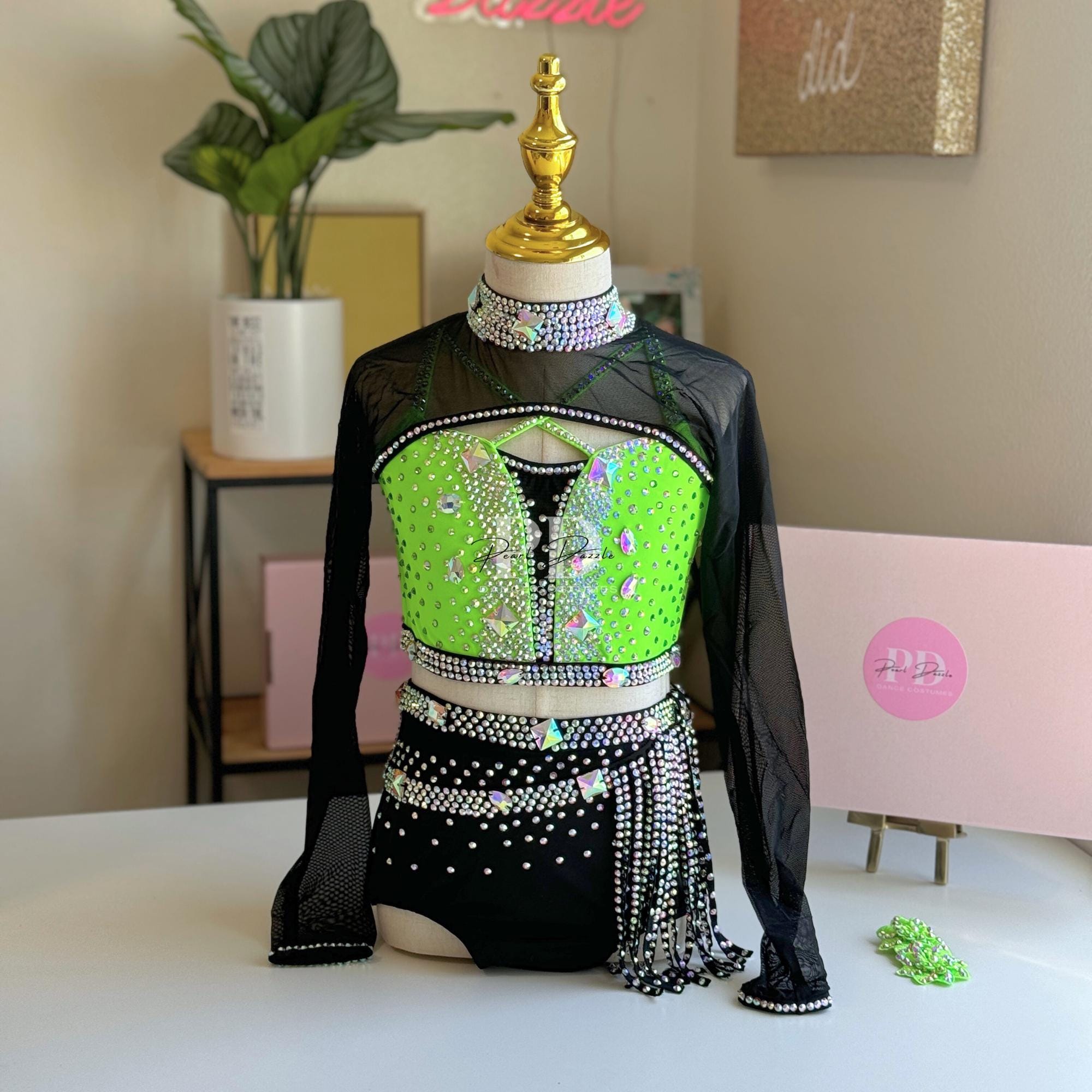 Neon Green Black/Custom colors Mesh sleeve Jazz Dance Costume