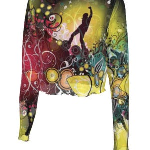 Op de afbeelding: Een langarmig, getailleerd mesh shirt met een kleurrijke abstracte print met een silhouet van een springende persoon. De print bevat swirls, cirkels en bloemmotieven in tinten rood, geel, groen en blauw.
