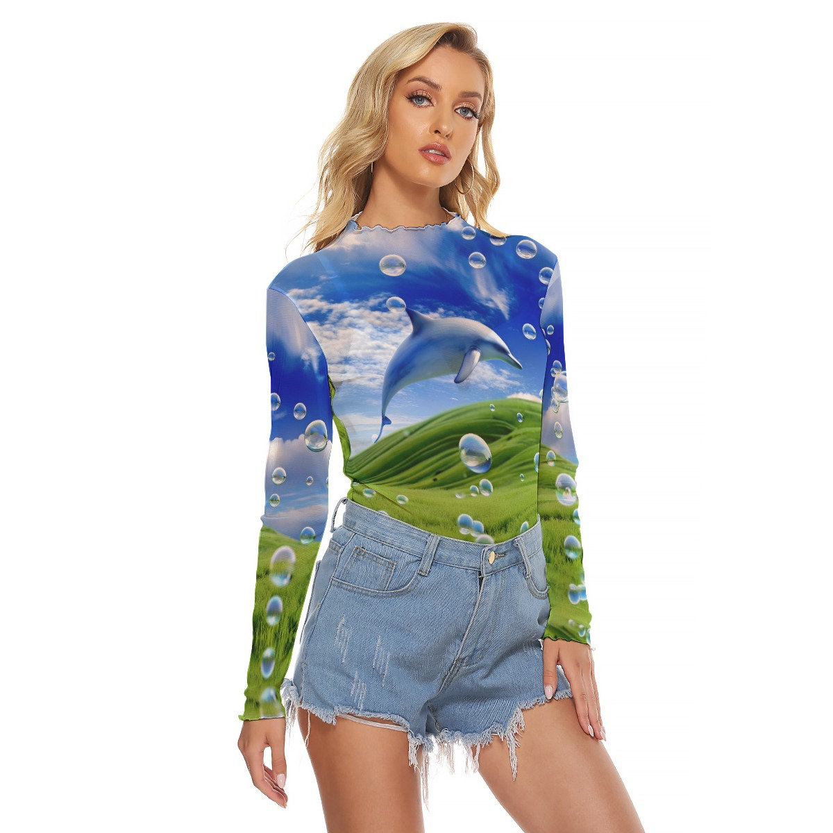 Frutiger Aero Mesh Top | Long Sleeve Sheer Y2k Ironic Dolphin