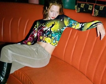 Frutiger Metro Long Sleeve Mesh Shirt - y2k Nostalgic Graphic Design Style Crop Top