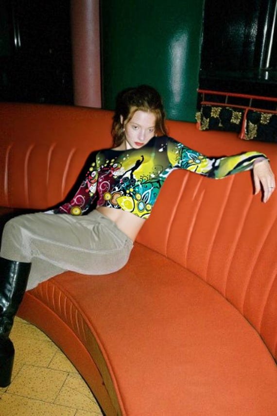 Frutiger Metro Long Sleeve Mesh Shirt - y2k Nostalgic Graphic Design Style Crop Top