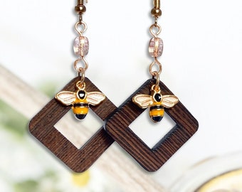Bee with Czech glass bead and stained wood square dangle earrings.