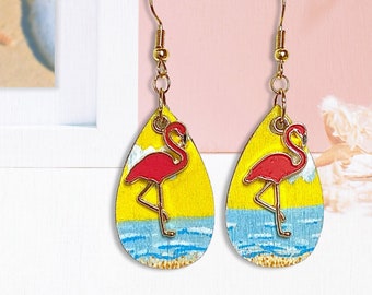 Pretty pink flamingo hand-painted beachy wooden earrings