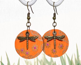 Bronze dragonfly on orange floral retro hand-painted timber circle dangle earrings
