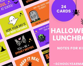Halloween Lunchbox Notes Printable | 24 Halloween Lunch Note Jokes, Puns & Encouragement Cards for Kids | Instant PDF download