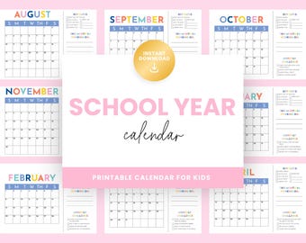 Printable Kids School Year Calendar - Monthly Planner PDF with Goals, Reminders & Fun Challenges for Elementary School Kids