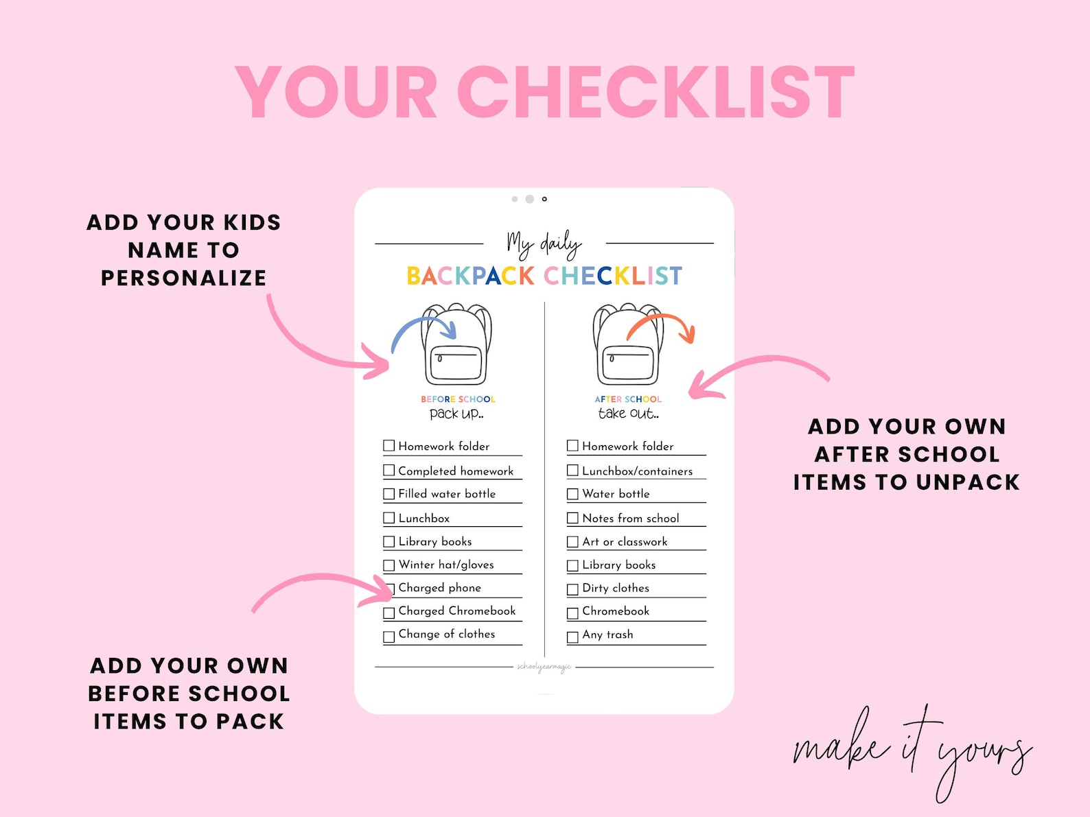 Printable Backpack Routine Checklist for Kids - Editable Daily Pack ...