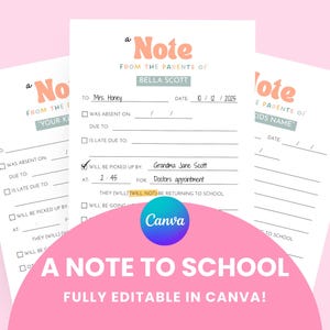 Printable School Note Template - Editable Absence, Tardy, Pickup Note from Parents | Canva Template |  A Note From The Parents of..