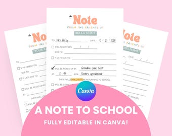 Printable School Note Template - Editable Absence, Tardy, Pickup Note from Parents | Canva Template |  A Note From The Parents of..