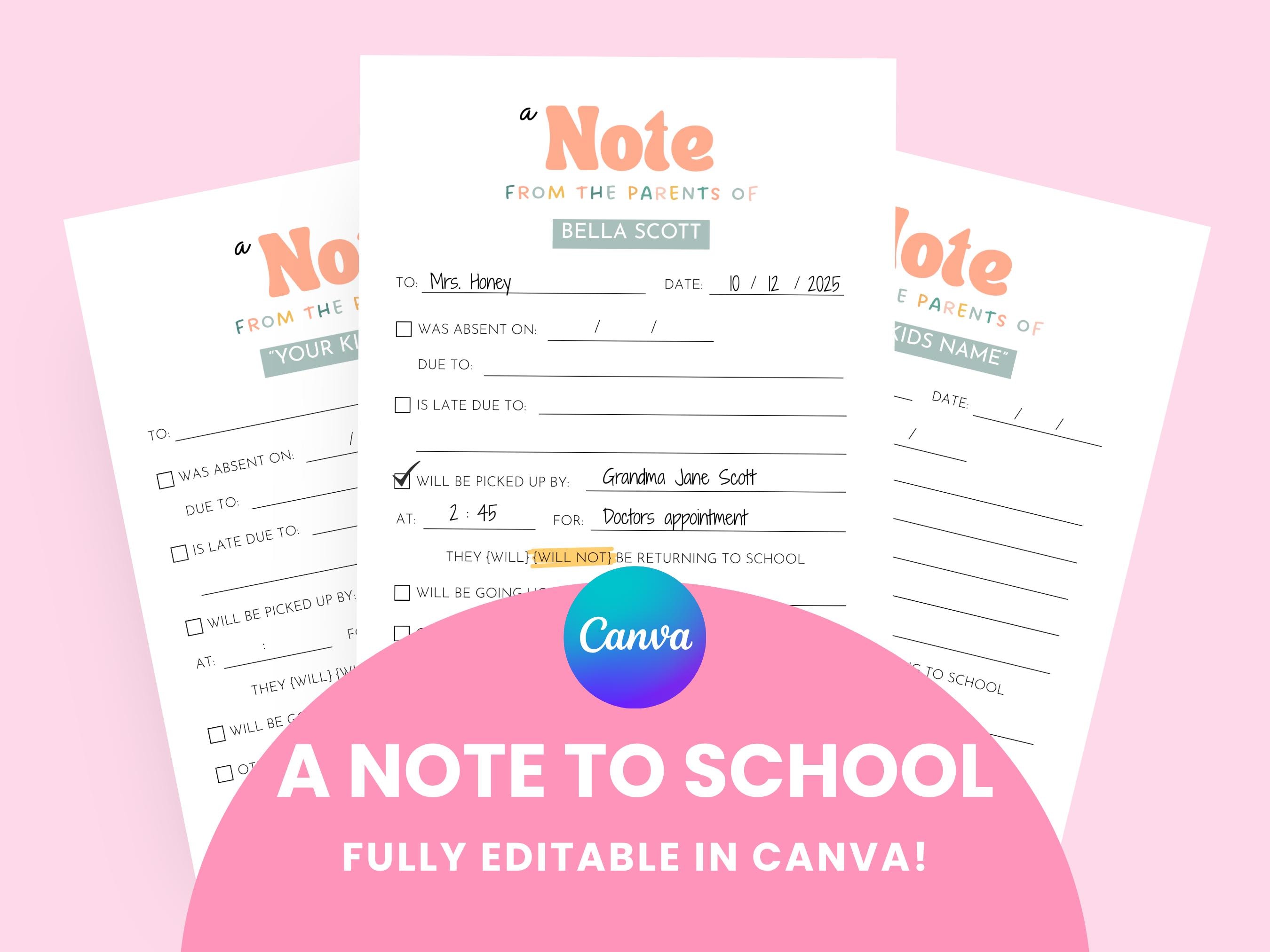 Printable School Note Template - Editable Absence, Tardy, Pickup Note ...