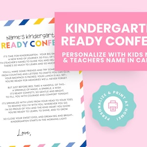 Puede incluir: Un folleto rosa y blanco con el texto "Kindergarten Ready Confetti" y un poema sobre el inicio de la escuela. Incluye una insignia turquesa que dice "¡Personaliza e imprime en casa!"