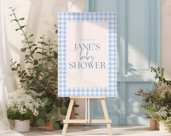 Blue Gingham Baby Shower Welcome Sign: Editable Canva Template (A0 Printable Digital Download