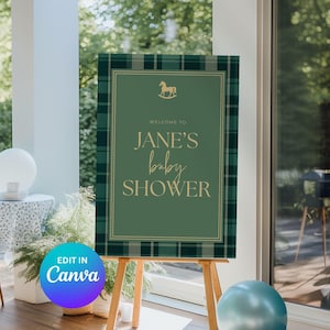 Green Plaid Preppy Baby Shower Welcome Sign | Equestrian Baby Shower Decor | Polo Baby Shower | Editable A0 Canva Template