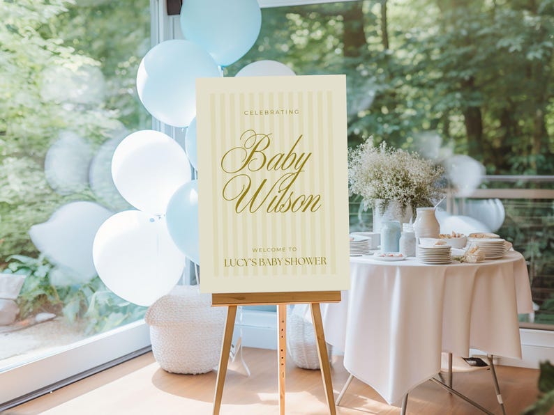 Digital yellow baby shower sign for Canva, presented in a styled event scene with white and yellow decorations — customizable welcome poster perfect for spring baby showers.