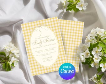Gelbe Gingham-Babyparty-Einladung: Sonnenschein & Hummel-Thema (Digitaler Download Canva-Vorlage 5x7 ")"