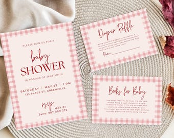 Rosa Gingham-Babyparty-Einladungs-Paket: Bearbeitbare Canva-Vorlage