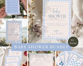Blue Gingham Baby Shower Bundle: 50+ Canva Templates (Digital Download)