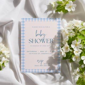 Blaue Gingham-Babyparty-Einladungsvorlage: Bearbeitbare Canva-Einladung (Digitaler Download)