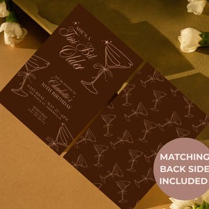 Front and matching martini glass back design of Tini Bit Older espresso martini themed birthday invitation, perfect for modern milestone parties.