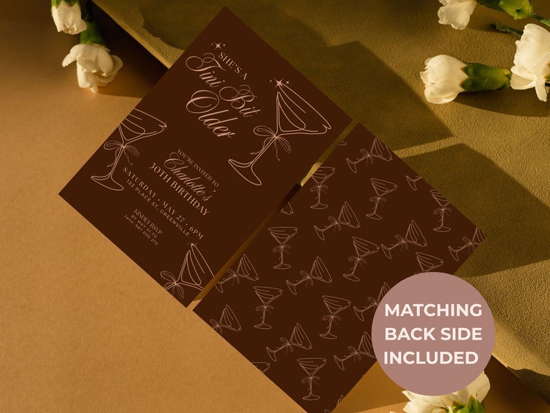 Front and matching martini glass back design of Tini Bit Older espresso martini themed birthday invitation, perfect for modern milestone parties.