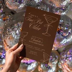 Espresso martini inspired milestone birthday invitation in elegant brown, editable girls night out invite with playful Tini Bit Older text.