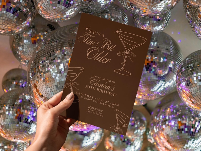 Espresso martini inspired milestone birthday invitation in elegant brown, editable girls night out invite with playful Tini Bit Older text.