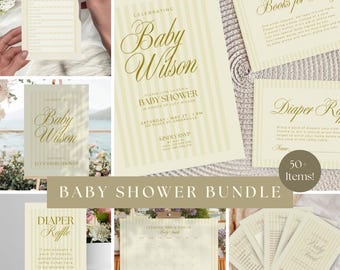 May include: A collection of baby shower stationery with a cream and gold color scheme. The bundle includes invitations, game cards, and a calendar. The text includes "Baby Wilson" and "Baby Shower Bundle".