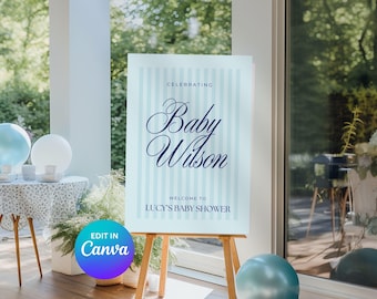 Cartello di benvenuto a righe blu per baby shower: modello Canva preppy (download digitale stampabile in formato A0)