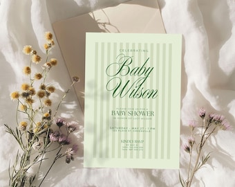 Invitación de baby shower con rayas verdes: Plantilla moderna de Canva (descarga imprimible de 5x7)