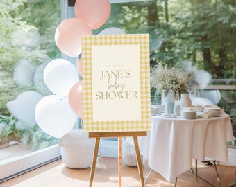 Yellow Gingham Baby Shower Welcome Sign: Editable Canva Template (Instant Download A0 Size)