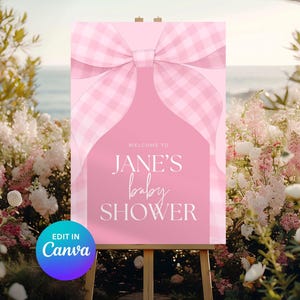 Rosa Gingham-Babyparty-Willkommensschild: Bearbeitbare Canva-Vorlage (Digitaler Download, A0-Größe)