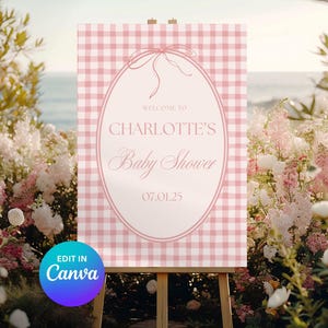 Rosa Vichy-Karo-Babyparty-Willkommensschild: Blush-Dekor (Canva Template A0 Size)