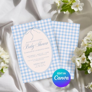 Blaue Gingham-Babyparty-Einladungsvorlage: Bearbeitbare Canva (druckbarer Download)