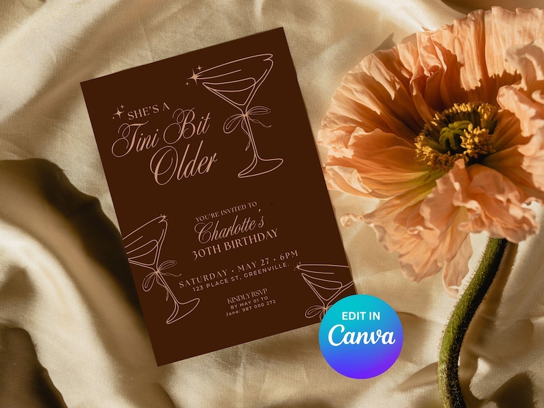 Brown espresso martini birthday invite with matching back side, modern Tini Bit Older milestone invitation template, perfect for girls night out.
