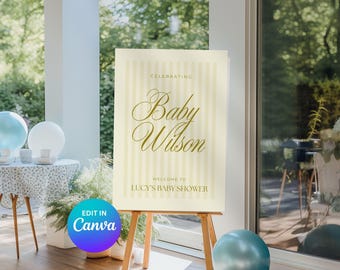 Gelb gestreiftes Babyparty-Willkommensschild: Bearbeitbare Canva-Vorlage (A0 druckbares Poster)