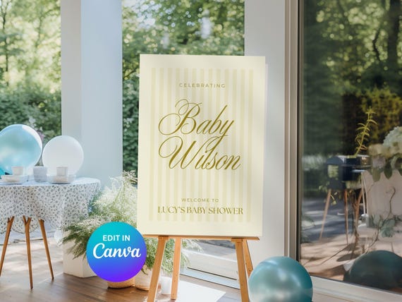 Yellow Striped Baby Shower Welcome Sign: Editable Canva Template (A0 Printable Poster)