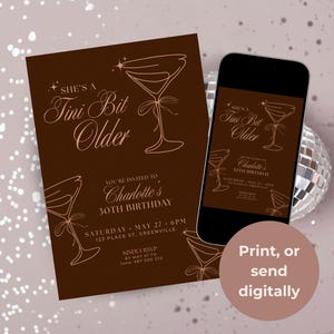 Editable Canva invitation template with espresso martini theme, brown Tini Bit Older birthday invite for stylish milestone celebrations in 20s or 30s.