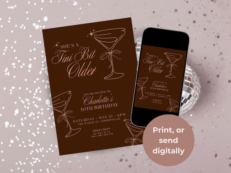 Editable Canva invitation template with espresso martini theme, brown Tini Bit Older birthday invite for stylish milestone celebrations in 20s or 30s.