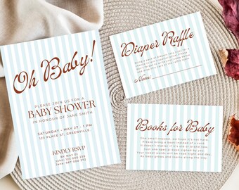 Blue Stripe Baby Shower Bundle: Editable Canva Templates (Instant Download)