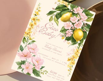 Ciao Babypartyeinladung: Italienisches Zitronenblumenthema, bearbeitbare Canva (Digitaler Download)