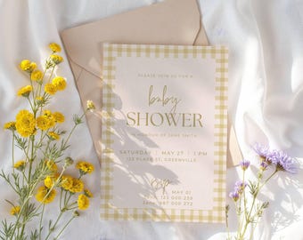 Beige Gingham Baby Shower Invitation: 5x7 Editable Canva Template