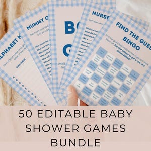 50 Baby Shower Games Canva Template | Blue Gingham Baby Shower Printable Games | Editable Canva Template for Baby Shower Party