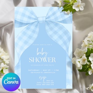 Blaue Gingham Bogen-Babyparty-Einladung: 13 x 18 Canva Vorlage (druckbare digitale Download)