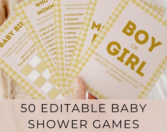 Gry na baby shower w żółtą kratkę: 50 szablonów Canva do wydrukowania (do pobrania w wersji cyfrowej)