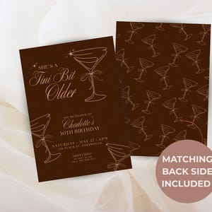 Front and matching martini glass back design of Tini Bit Older espresso martini themed birthday invitation, perfect for modern milestone parties.