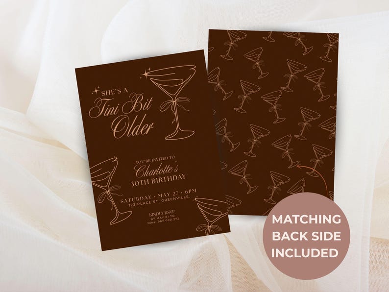 Front and matching martini glass back design of Tini Bit Older espresso martini themed birthday invitation, perfect for modern milestone parties.