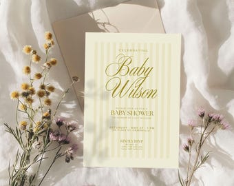 Yellow Stripe Baby Shower Invitation: Elegant Gender Neutral Canva Template (Digital Download 5x7" )