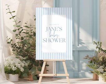Blue Striped Baby Shower Welcome Sign – Editable Canva Template (Digital Download)