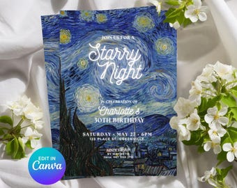 星空の誕生日招待状テンプレート、編集可能なゴッホパーティー招待状（Canva）