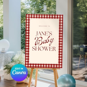 Bearbeitbares rotes Gingham-Babyparty-Willkommensschild | Rustikales Picknick Babyparty Zeichen Canva Vorlage | Druckbares Willkommen Poster | Sofort Download
